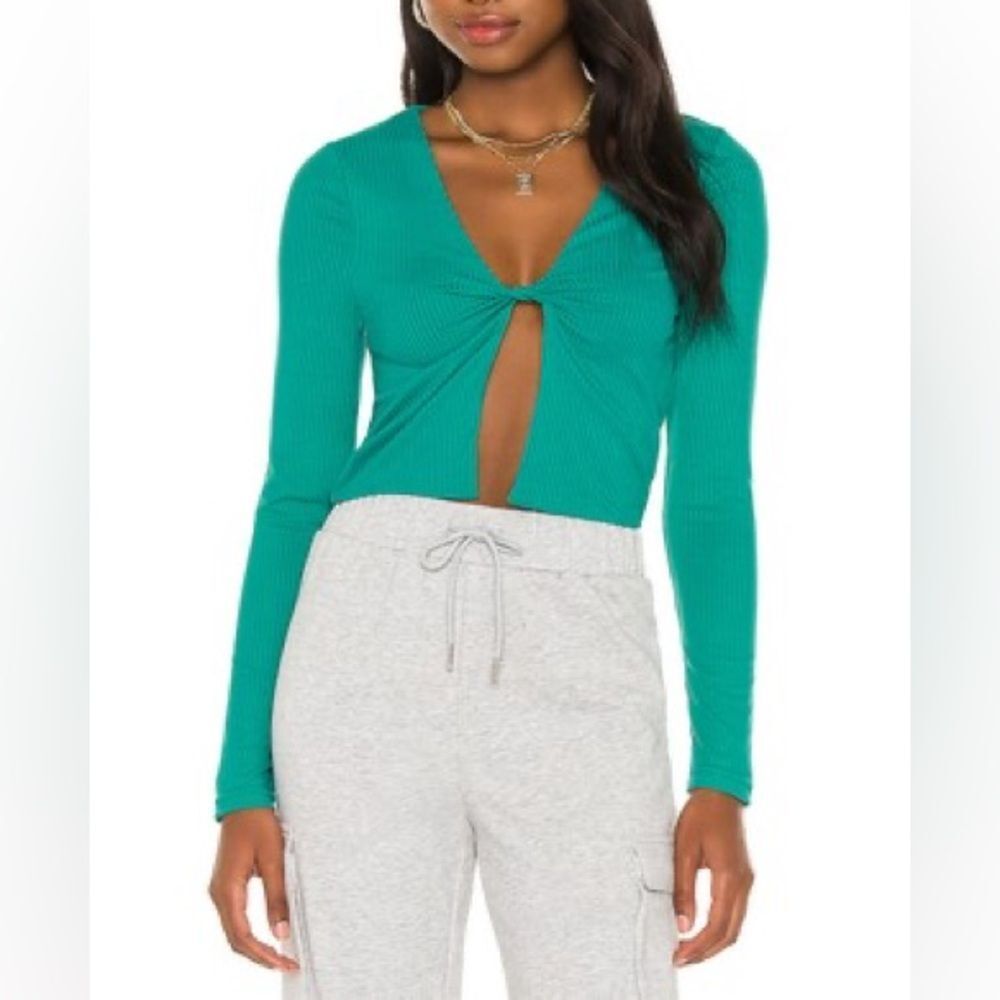 NEW Superdown Green Twist Front Long Sleeve Ribbed Knit Top Women’s Size XS